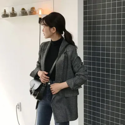 가을 소매 롤업 체크 자켓 의류 여성 기본템 아우터 간절기 면접룩 캐주얼 정장
