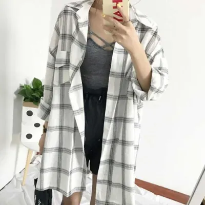 여성 오버핏 체크 셔츠 남방 루즈핏 캐주얼 아우터 간절기 롱셔츠 데일리 체크남방