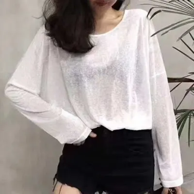 여성 시스루 루즈핏 긴팔 티셔츠 백스트랩 스트라이프 비치웨어 여름 커버업 티