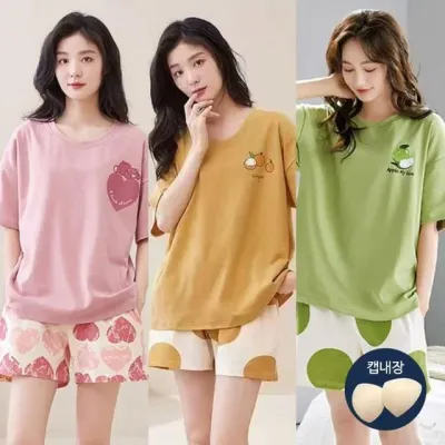써클 캡내장 반팔 잠옷세트 캡내장 파자마 여자 잠옷 여름 반팔 홈웨어
