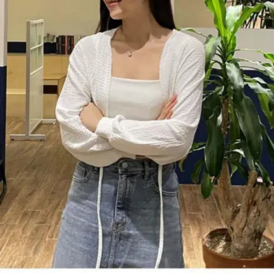 긴팔 스트랩 크롭 여름 긴팔 여성 임부복 크롭 볼레로 리본 시스루 가디건