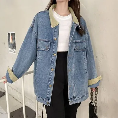 청재킷 여성 루즈핏 카라 배색 소매 아우터 데님 자켓
