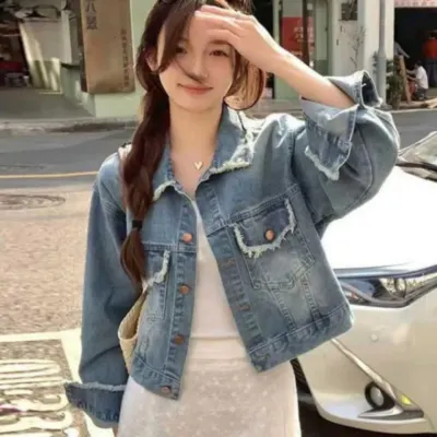 여성 여자 봄 간절기 빈티지 워싱 크롭 청 데님 자켓 외투 아우터