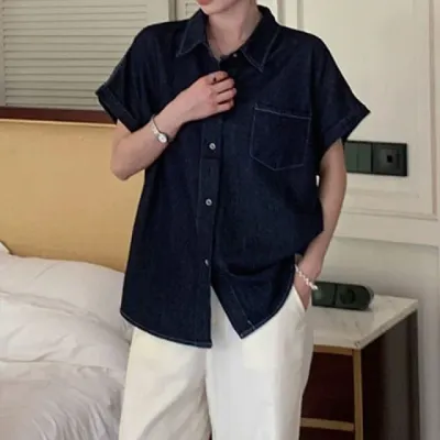 데님 남방 반팔 셔츠 루즈핏 여름 카라 데일리 상의