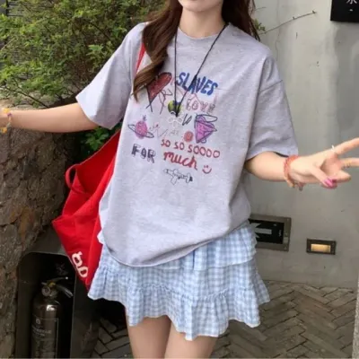 여성 여름 낙서 빈티지 낙서 드로잉 오버핏 반팔 티셔츠 그레이
