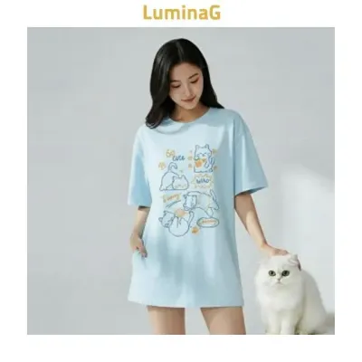 여성 빅사이즈 오버핏 반팔티 고양이 캐릭터 롱 티셔츠 캐쥬얼