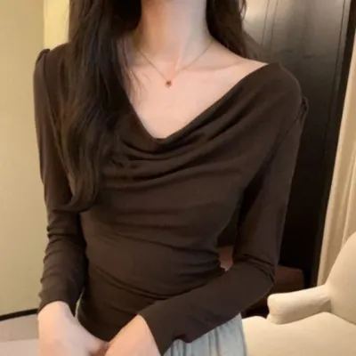 슬림핏 셔링 오프숄더 긴팔 티셔츠 데일리룩 하객룩