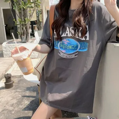 프린팅 박스티 여름 오버핏 반팔 티셔츠 여성티셔츠 여성반팔