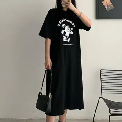 프린팅 반팔 홈웨어 데일리 롱원피스 루즈핏 원피스 여자반팔원피스 여름원피스