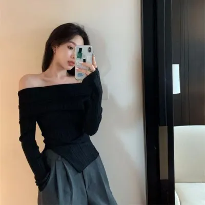 오프숄더티 니트티셔츠 여성의류 골지티 얇은티셔츠 긴팔면티 블랙 여성 상의 루즈핏