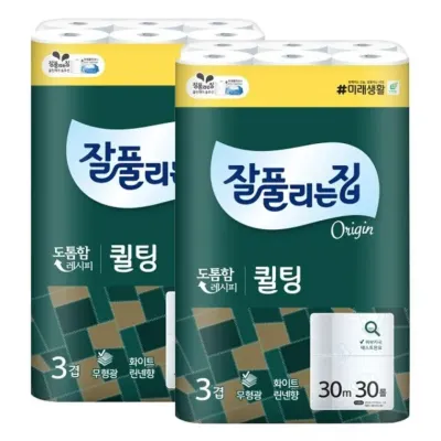 잘풀리는집 3겹 화장지 두루마리 휴지 30m 30롤 2팩