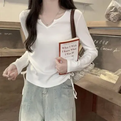 사이드 베이직 셔링 리본 긴팔 티셔츠