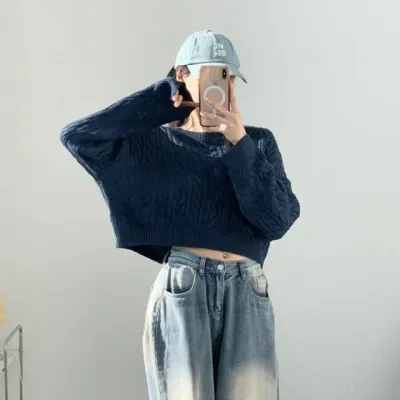 꽈배기 니트 루즈핏 세미크롭 긴팔 풀오버