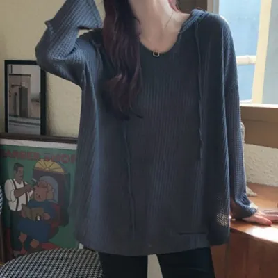루즈핏 여성 긴팔 후드 와플 티셔츠 여자후드티 여성후드티