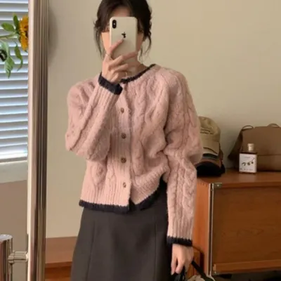 배색 니트가디건 여성숏가디건 여성가디건 루즈핏가디건