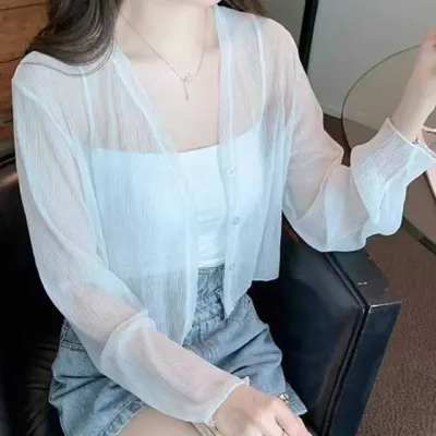 시스루 주름 브이라인 긴팔 여리핏 크롭 가디건 볼레로 여름가디건 시스루가디건