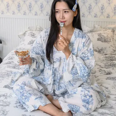 해피니 잠옷 디오레 여성용 긴팔 로브 (M) (블루) 파자마 여성 홈웨어