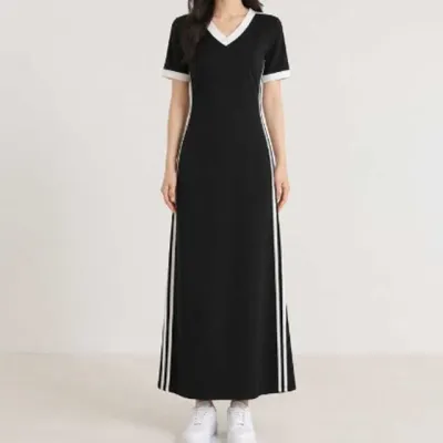 배색라인 브이넥 맥시 반팔원피스