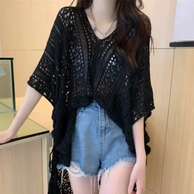 4컬러 여름 레이어드 펀칭 브이넥 니트 비치 커버업