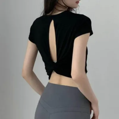 여성 뒷트임 요가 탑 필라테스 운동복 티셔츠 스포츠 헬스 반팔 운동티