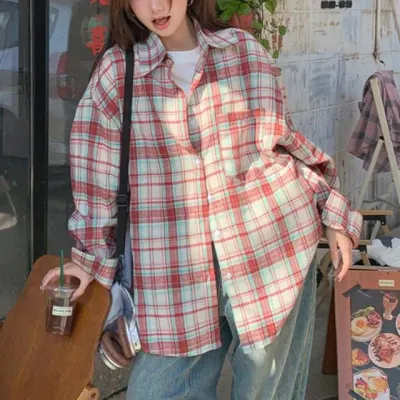 레드 오버핏 체크 카라 남방 긴팔 셔츠 루즈핏셔츠 가디건