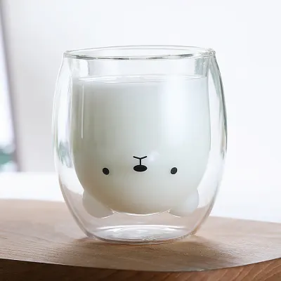 행복카페 이중 유리컵 거꾸로 곰돌이 동물컵