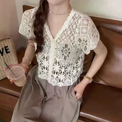 여성 크로쉐 뜨개 반팔 브이넥 여름 가디건 화이트 예쁜 가디건 쉐 카디건 여자 반팔 브이넥