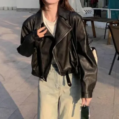 라이더 인조가죽 더블카라 아우터 여성 레더자켓 미니멀 집업