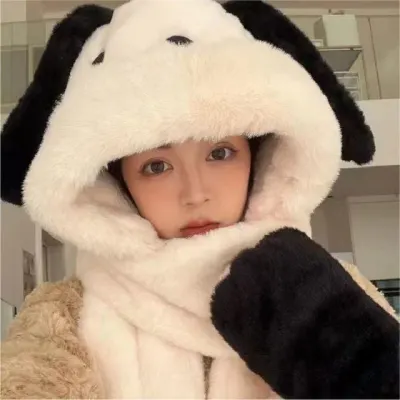 멍멍이 바라클라바 장갑 일체형 방한 모자 목도리 주머니 타입