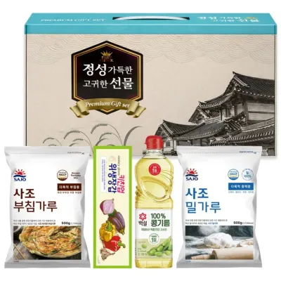사조 정성 가득한 고귀한 선물 4종[콩기름500ml + 위생장갑20매 + 사조밀가루500g + 사조부침가루500g]