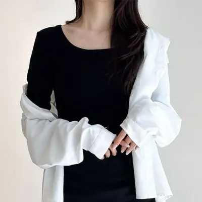여성 무채색 3컬러 라운드넥 무지 긴팔티