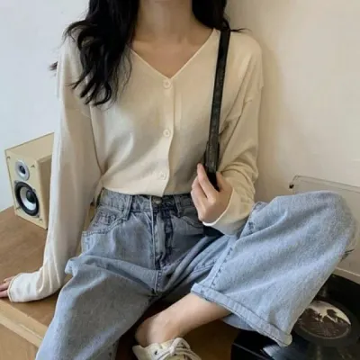 브이넥 니트 가디건 여자 캐주얼 상의 데일리 루즈핏 아우터