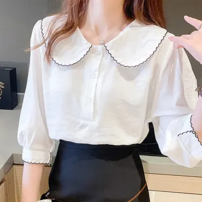 러블리 물결 빅카라 7부 블라우스 ERD-501