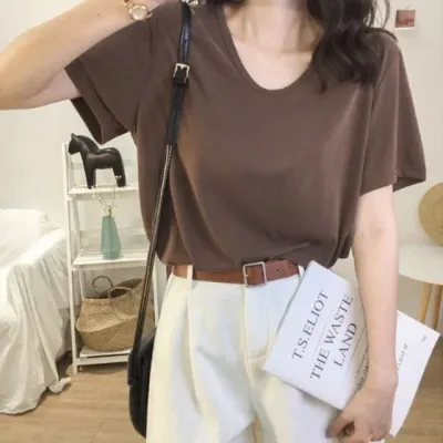 루즈핏 여성 U넥 반팔 무지 반팔티 티셔츠 여자반팔 여자여름반팔