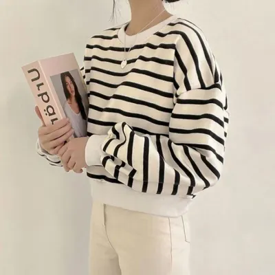 캐주얼 여성 크롭 스타일 스트라이프 긴팔 티셔츠 후드 여자 후드티 데일리 가을 기모