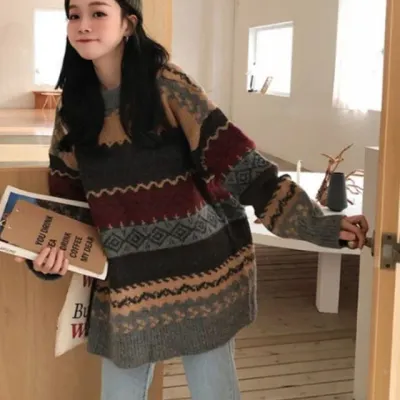 노르딕 가을 도톰 오버핏 스웨터 니트티 니트 빈티지 라운드넥