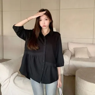 블랙 루즈핏 셔링 7부 블라우스 언발