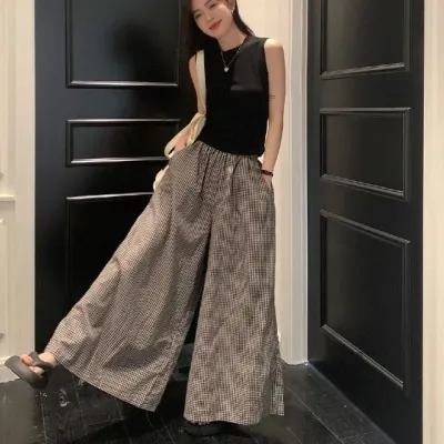 체크 와이드 밴딩 팬츠