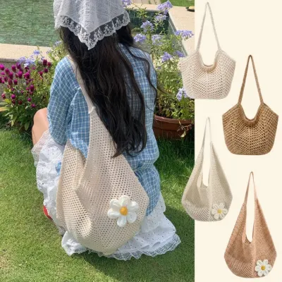 데이지 플라워 니트 메쉬 숄더백 여성 그물가방 봄여름 데일리 토트백 KK1038