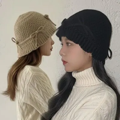 3color 겨울모자 리본매듭 벙거지 니트 니트버킷햇 니트모자 모자 여성모자 겨울모자 겨울털모자