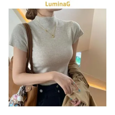 여성 반목 골지 니트 슬림핏 반팔 티셔츠 여름 반팔티 하프넥