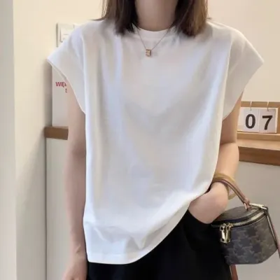 여성 여름 캡소매 숄더패드 민소매 반팔 티셔츠 화이트 무지티