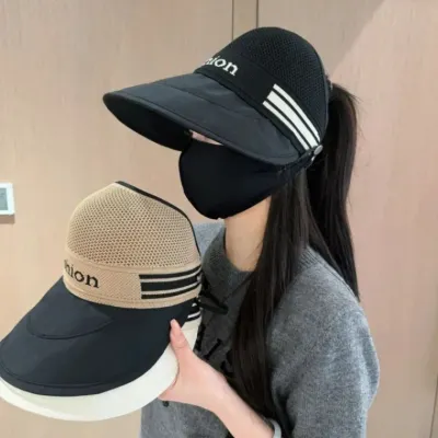 망사 소재 통기성 좋은 자외선 차단 모자 여성용 여름 한판 야외용 큰 챙 버킷햇 포니테일 스타일 오리 혀