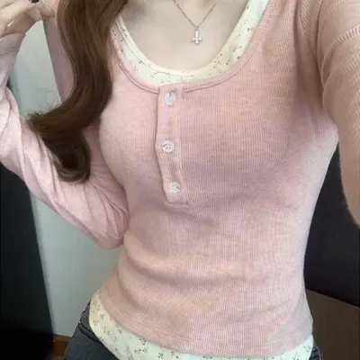 플라워 레이어드 여성 골지 티셔츠