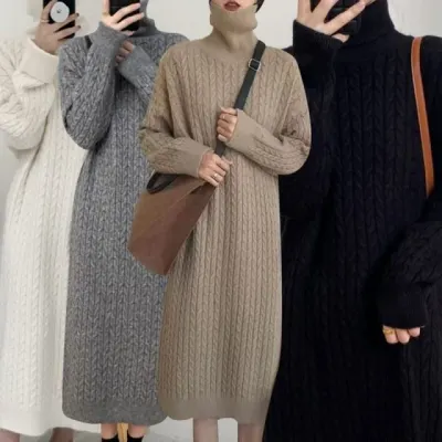 골지 니트 롱원피스 목폴라 터틀넥 가을 겨울 데일리 홈웨어 니트원피스