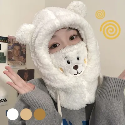 곰돌이 방한 워머 털모자 3color / 후드 뽀글이 양털모자
