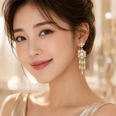 플라워 큐빅 롱드롭 골드 귀걸이 악세사리