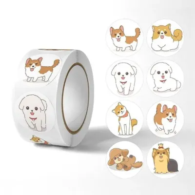 8종 귀여운 강아지 스티커 500pcs 다꾸 롤 접착 포장 다이어리 꾸미기 멍멍이 스티커 도그