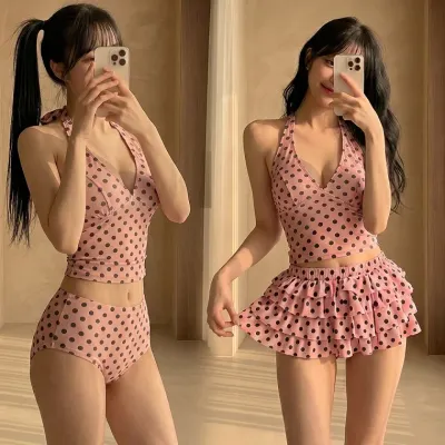 샤벳핀도트비키니 땡땡이 홀터넥 캉캉치마 비키니3PC