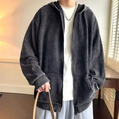 블랙 데님 집업 후드 자켓 오버핏 빈티지 가을 겨울 아우터 스타일